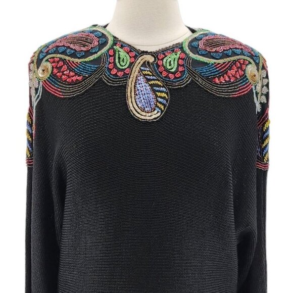 Vintage UMI Collections by Anne Crimmins Beaded Paisley Black Sweater Medium - Picture 2 of 11